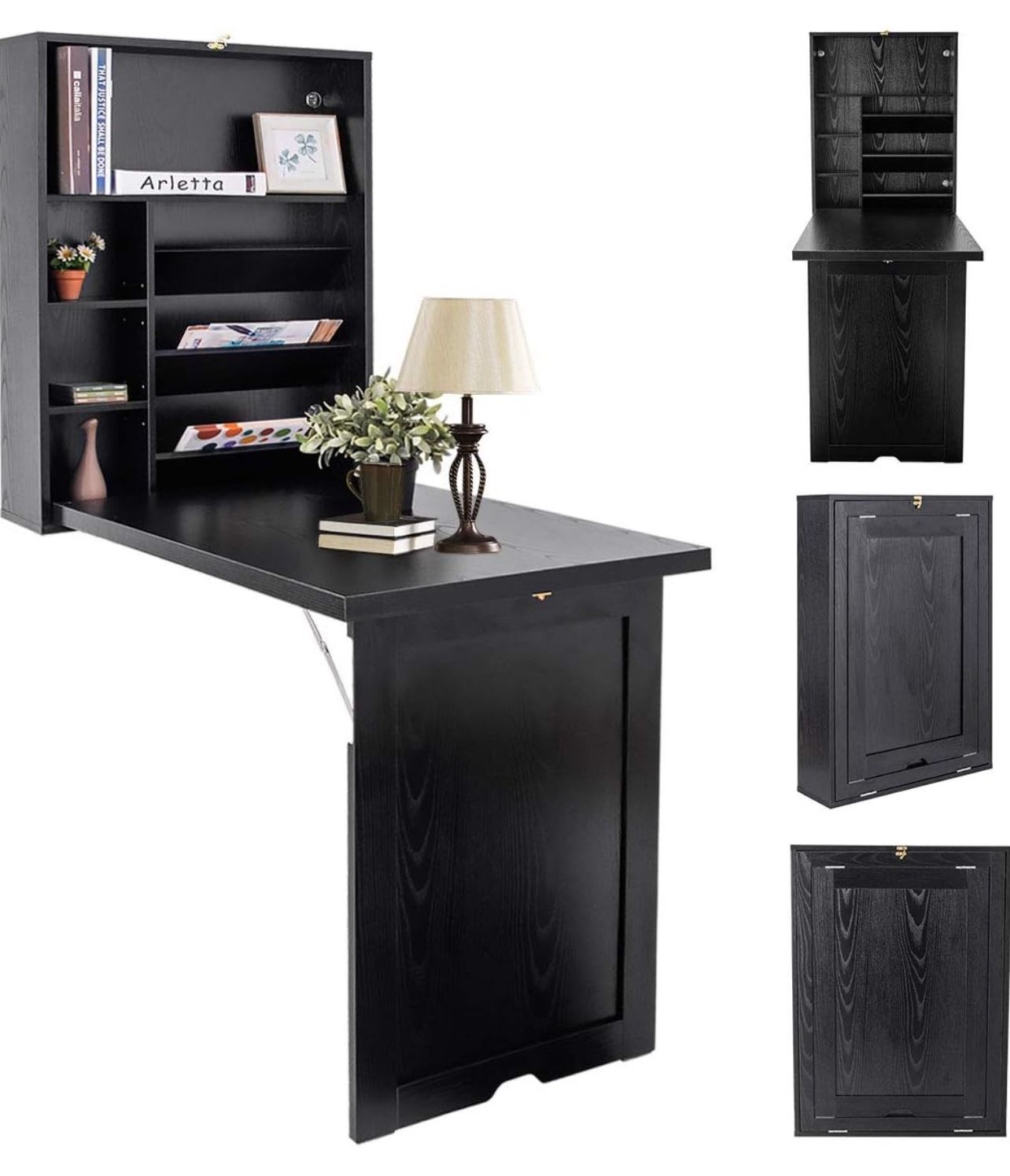 0764(1096BK)Folding Wall Mounted Desk, Fold Down Table with Storage Shelves, Wood Convertible Floating Table for Small Spaces, Murphy Desk Wall Mount
