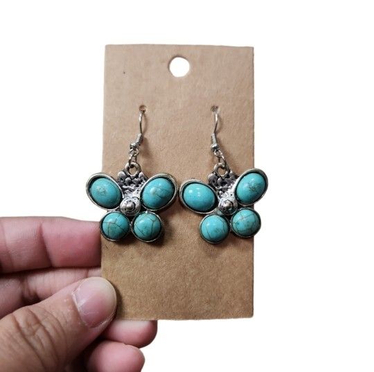 Silver Toned Turquoise Butterfly Drop Earrings