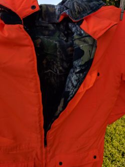Reversible hunting Coveralls, size XL orange & camo.   Thumbnail