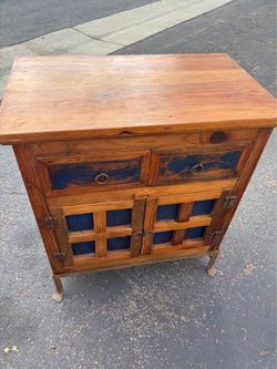 Rustic Mexican Pine Accent Cabinet with Iron Base