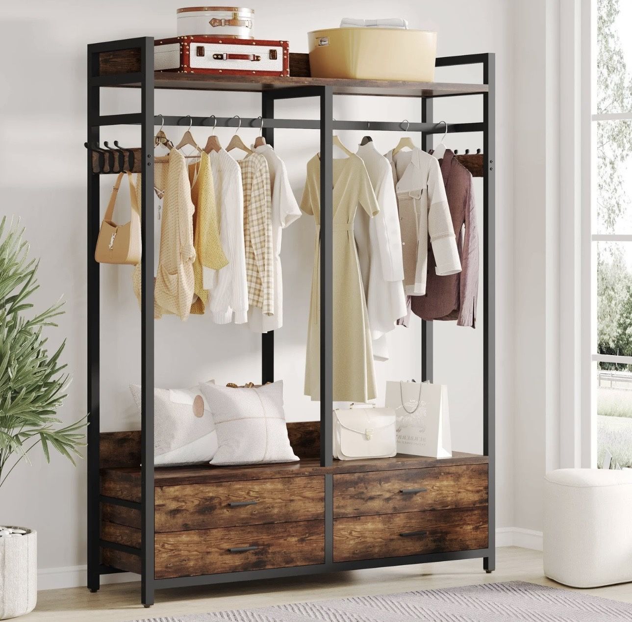 F1897 Freestanding Closet Organizer, Garment Rack with Drawers & Shelves