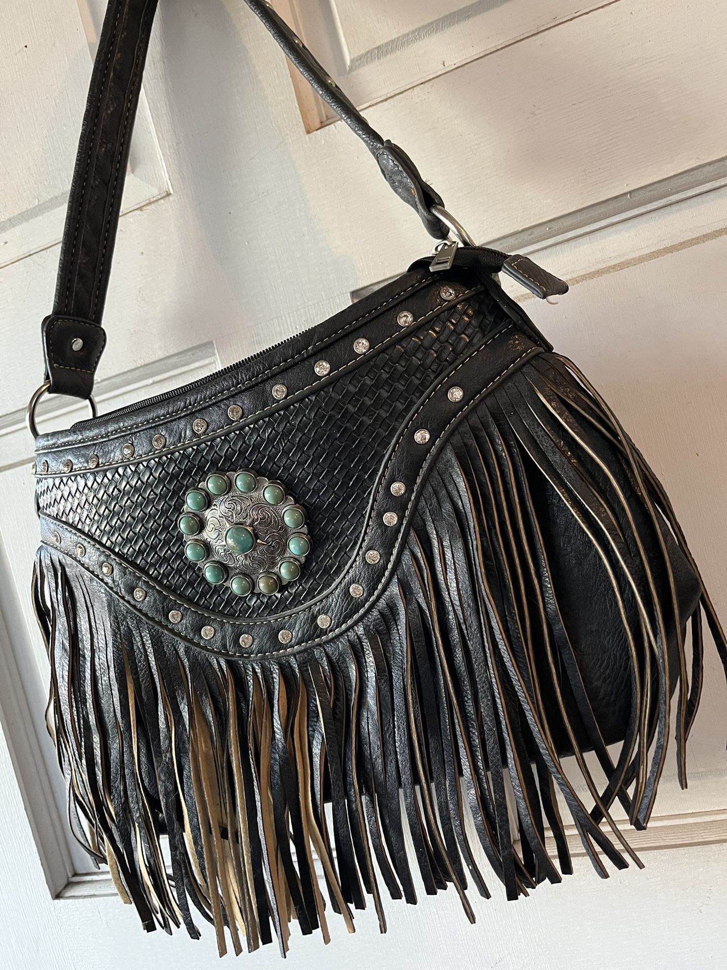 Black Studded Rhinestone Fringe Purse Handbag