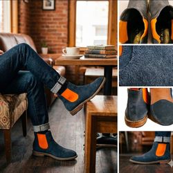 The Rail Men's Navy Blue Suede Chelsea Boots Orange Elastic Gore Size 9
