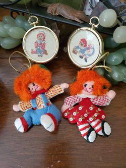 Vintage Hand Crafted Raggedy Ann & Andy Christmas Tree Ornaments