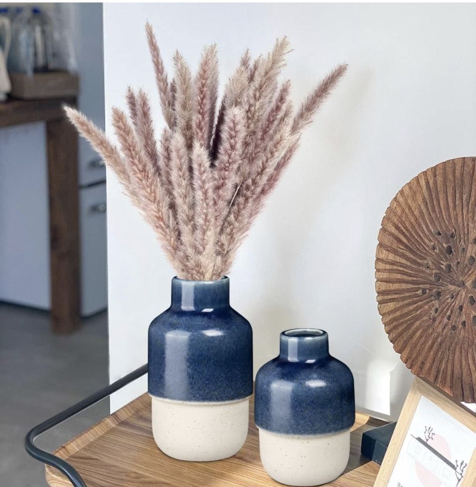 Vases for Home Decor Modern Blue Ceramic Flower Vases Set of 2 Farmhouse Vase for Pampas Grass Boho Mini Pottery Bud Vase for Centerpiece