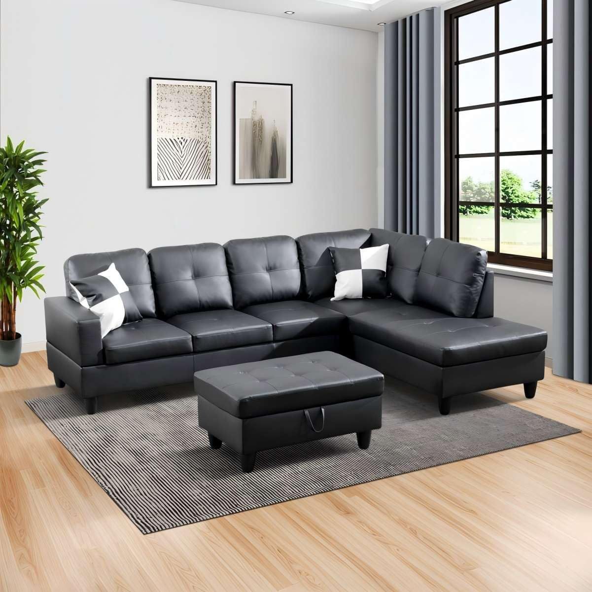 4 Piece Black Leather Sectional