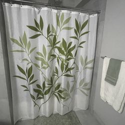 White Shower Curtain with Green Leaves and 12 Silver Shower Hooks