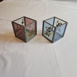 2 Stained Glass And Pressed Flowers Candle Holders - Burnes Of Boston
