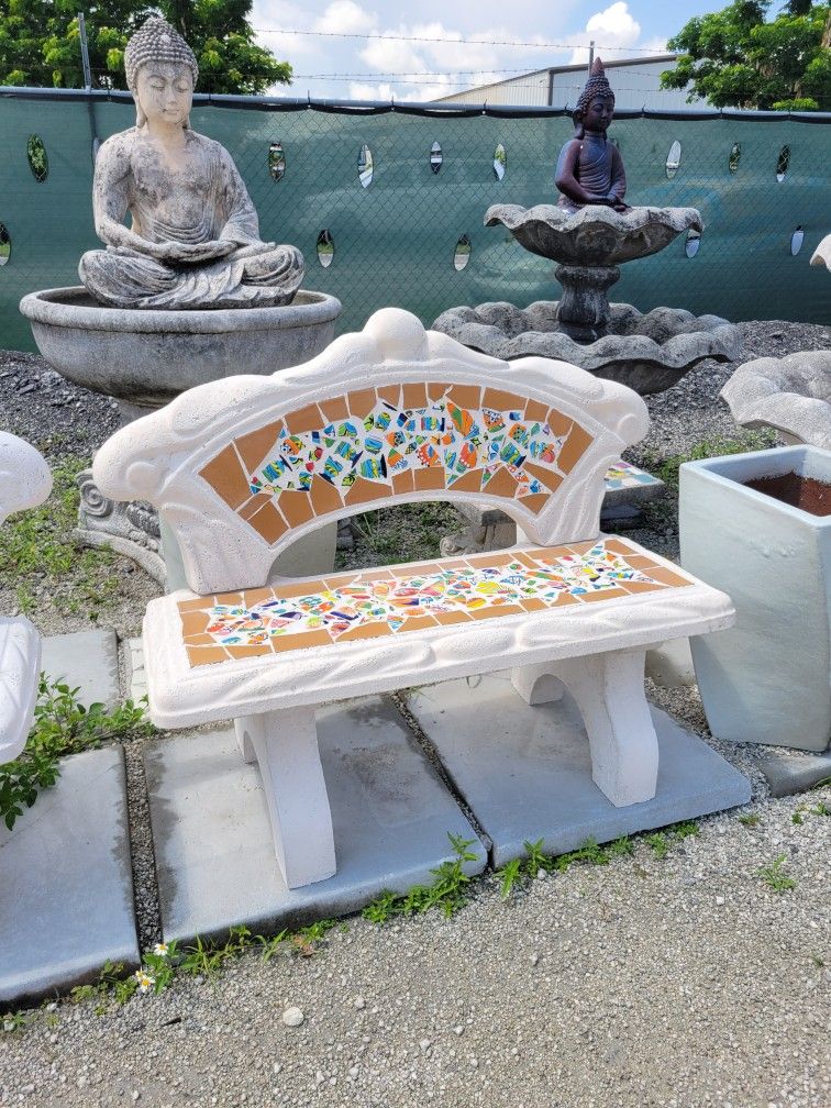 Concrete Bench With Back Cement Mosaic Backyard Patio Benches - Main Image