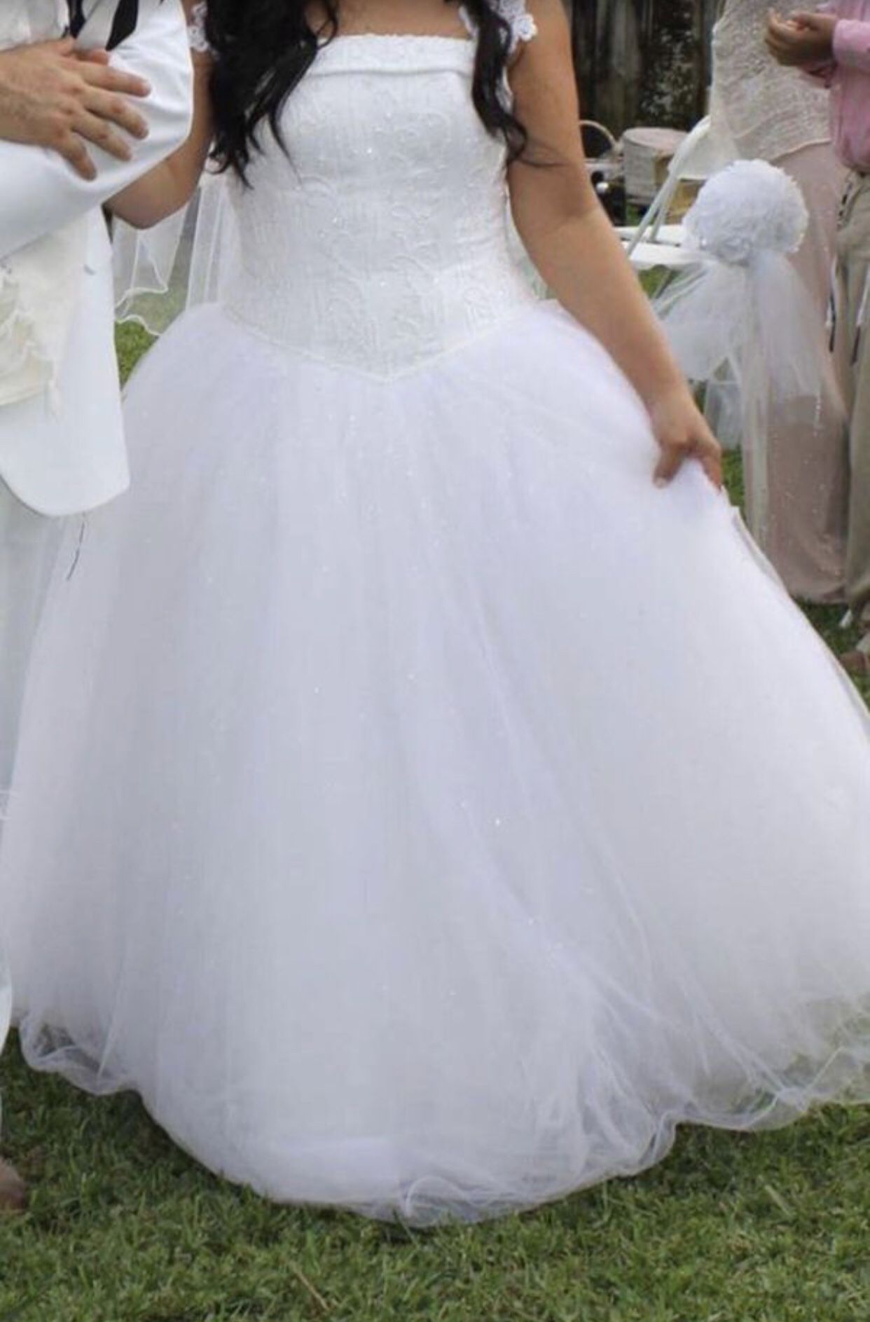 SIZE 14 - Tulle Wedding Dress with Corseted Satin Bodice (David’s Bridal)