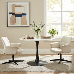 Homy Casa Clift 3PC Dining Set 39.4” Square White Marble Table with 2 Thomasina Beige Chenille Swivel Chairs, Black Base