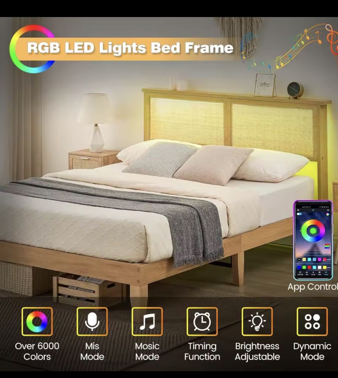 New Solid Wood Bed Frame with Natural Rattan Headboard with LED Lights  Mattress Foundation No Box Spring Needed