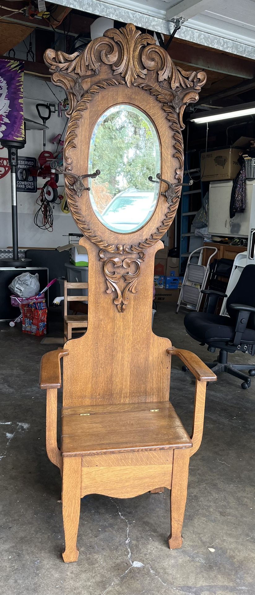 Antique Oak Hall Tree Chair with Mirror and Storage Bench