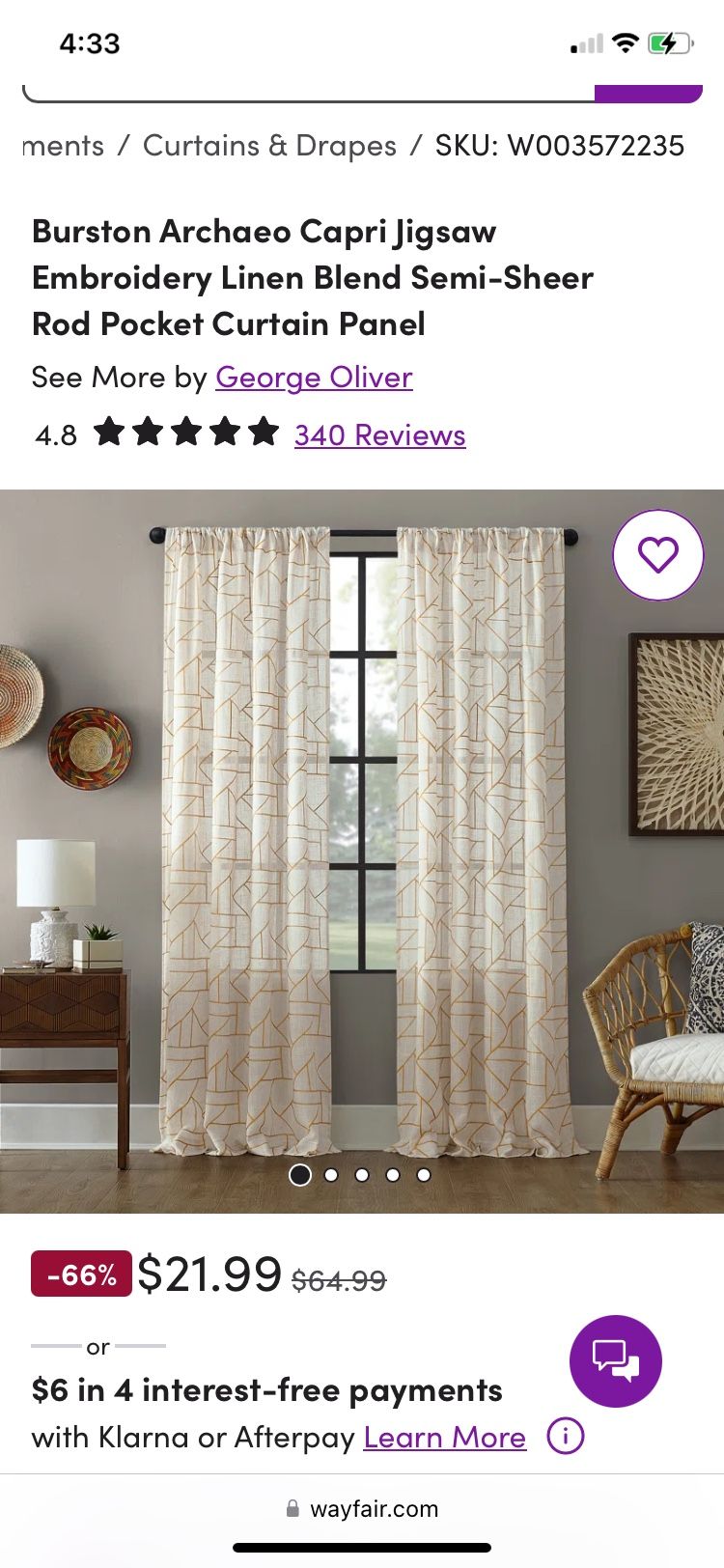 Burston Archaeo Capri Jigsaw Embroidery Linen Blend Semi-Sheer Rod Pocket Curtain Panel