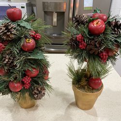 Set Of 2 Tabletop Topiary Christmas Tree With Apples Decorations 