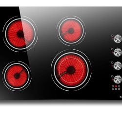 30 Inch Electric Cooktop 4 Burner - Built-in Ceramic Stove Top 6700W, 30" Radiant Electric Cook Top with Timer, Safety Lock, Pause, Dual Ring, 22OV - 