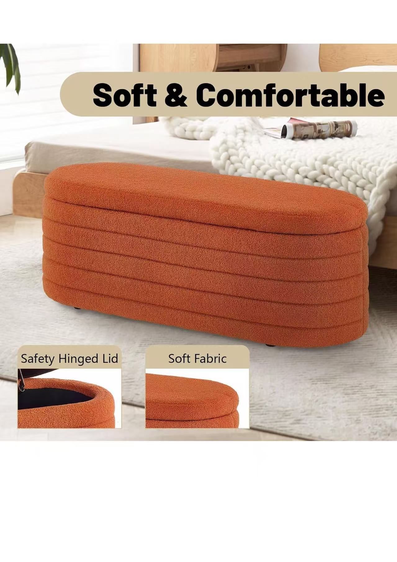 Modern Oval Ottoman with Storage, End of Bed Stool with Safety Hinge, Upholstered Teddy Fabric Cushioned Storage Bench, Toy Box for Living Room, Bedro