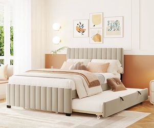 Gorgeous New Channel Tufted Beige Velvet Full Platform Bed Frame w/ Trundle