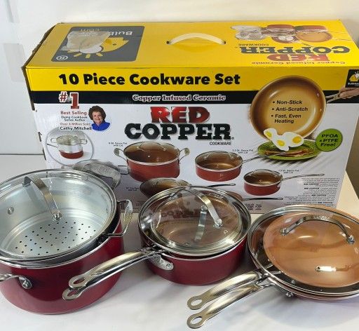 Red Copper Ceramic Copper Infused 10 Piece Cookware Set, Non-Stick