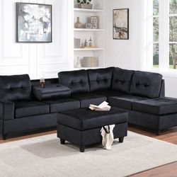 New Black Velvet Reversible Sectional And Ottoman
