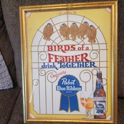 VINTAGE Pabst Blue Ribbon Beer Birds Of A Feather Drink Together Advertising Sign