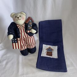 Patriotic Decor Red White Blue American Flag Birdhouse Bear Figure & Hand Towel Set 