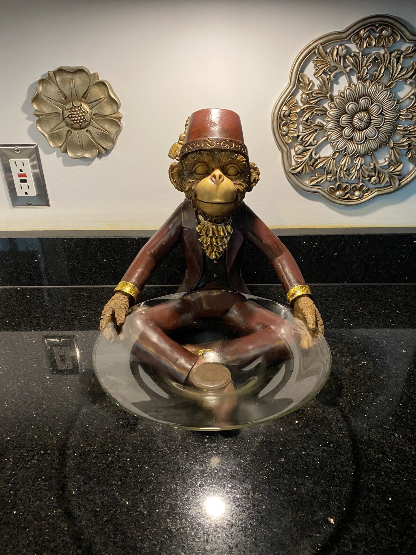 Orangutan Bell Boy Ape in Suit & Fez Sitting with Glass Candy Bowl in Lap 13x13”