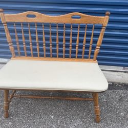 vintage oak dining  bench  39” long  19” deep  18” floor to seat  35” tall in back  