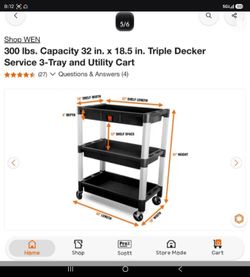 (New)WEN Three-Tray 300-Pound Capacity Triple Decker Service and Utility Cart, 73163