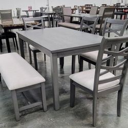 ✅️✅️ 6 pc grey finish wood dining table set padded seat chairs and bench ✅️✅️