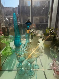 Vintage Blue Bohemian Decanter and Wine Glasses