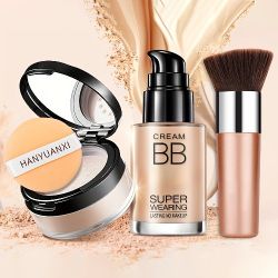 Flawless Face Makeup Kit- BB Cream & Makeup Powder & Brush, Includes Full Coverage Foundation, Moisturizing BB Cream, Waterproof Loose Setting Powder,