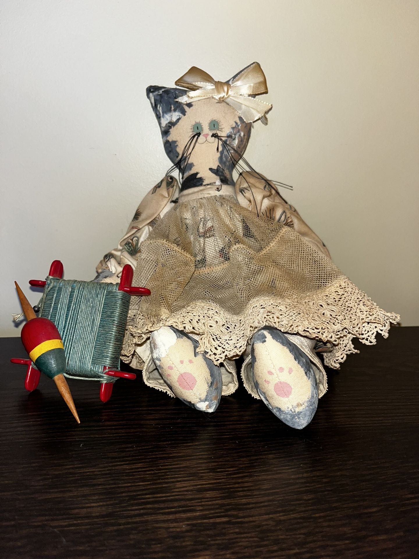 Vintage Folk Art Doll Cat Toy Handmade Fishing Theme