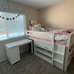 Little Girls Elevated Bed With Pull Out Desk And Storage Under Bed 
