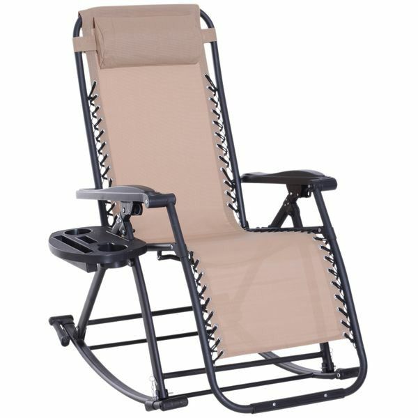 Folding Zero Gravity Rocking Lounge Chair with Cup Holder Tray - Beige