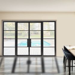 French Iron Door Double 4-Lites W/ Sidelights Matte Black Door with Handle and Locks, Elegant Entrance Door for Home and Office ava