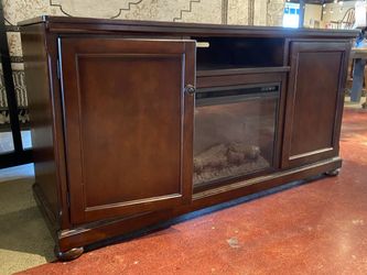 Dark Wooden Fireplace TV Stand w/ Adjustable Temperature & Brightness