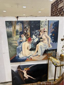 Large oil painting depicting three Nude Woman in a scene Signed Lin Peng 50x41