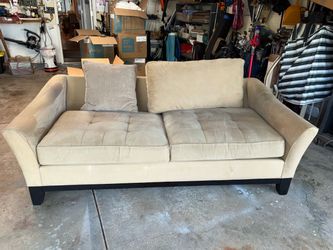 FREE! FAUX suede microfiber sofa, missing one back cushion, HM Richard Inc beige contemporary sofa needed gone ASAP! I’m live three blocks south of th