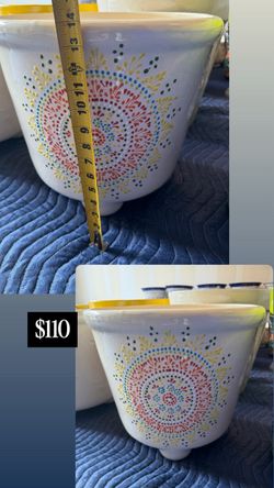 White Ceramic Footed Planter with Dot Mandala Design