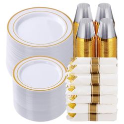 700 Piece Gold Plastic Dinnerware Set for 100 Guests, Disposable Plates for Party, Include: 100 Dinner Plates, 100 Dessert Plates, 100 Pre Rolled Napk