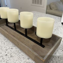 🕯️ LED Candle Centerpiece – Rustic Wood Tray (4 Candles, Timer Option)