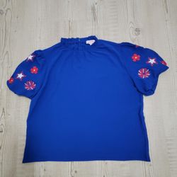 Patriotic Princess Embroidered Puff Sleeve Blue Blouse with Ruffle Neckline