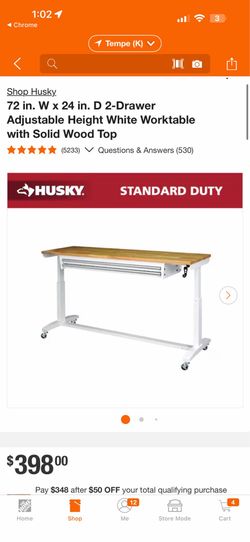 Husky 72 in. W x 24 in. D 2-Drawer Adjustable Height Worktable with Solid Wood Top Brand New