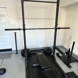 🏋️‍♂️ FULL GARAGE GYM SETUP – Rack + Bench + Sled + Dip Handles + 45 lb Barbell + Cable Attachment