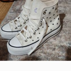 Converse White High-Top Sneakers with Navy Stars