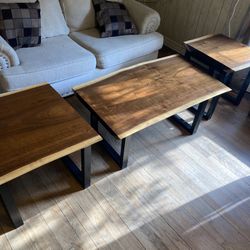 Black Walnut Live Edge Coffee Table With Matching End Tables. 