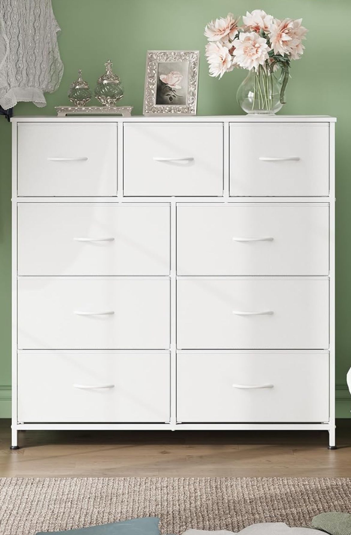 Dresser with 9 Drawers, sturdy metal frame and wood top - New In Box