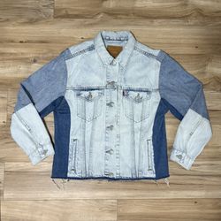 Levi's Premium Color block Light and Dark Blue Denim Jacket Raw Hem Jean Trucker