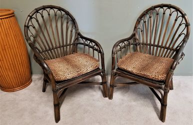 Very Nice! Pair of BALLARD DESIGNS Harlequin Bentwood Rattan Armchairs w Cushion 19.8.8c1